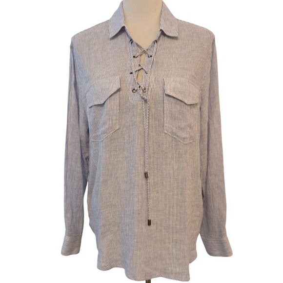 Rails Womens Size M Blue White Mateo Cabo Stripe Linen Blend L/S Lace Up Top - Picture 1 of 11